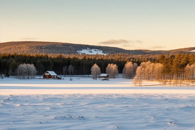 Un campo cubierto de nieve con una cabaña en la distancia.