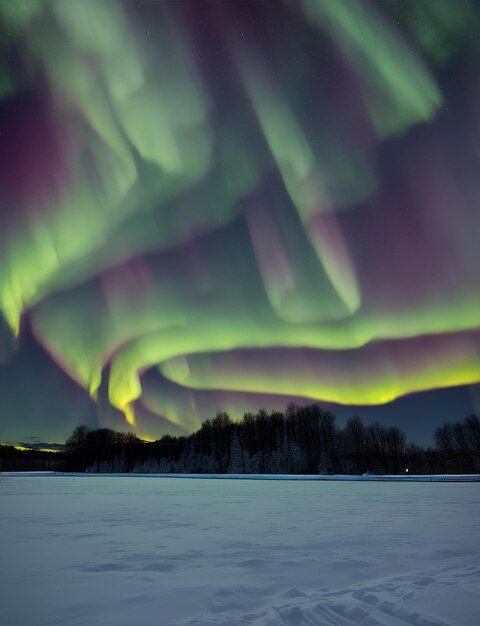 Campo cubierto de nieve bajo las luces de la aurora