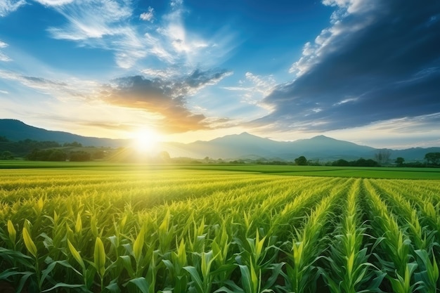 Campo de cultivo verde al atardecer