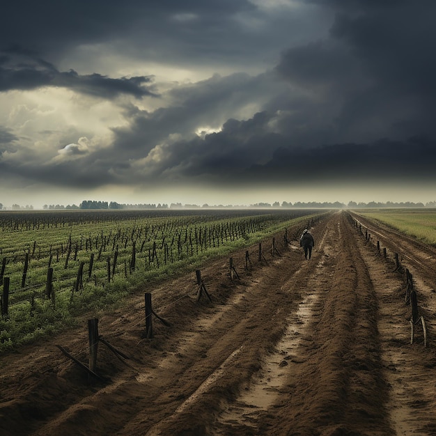 Campo de agricultores sob um céu chuvoso