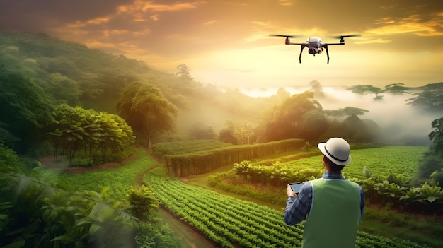 Campo de agricultura de tecnologia moderna com drone voador