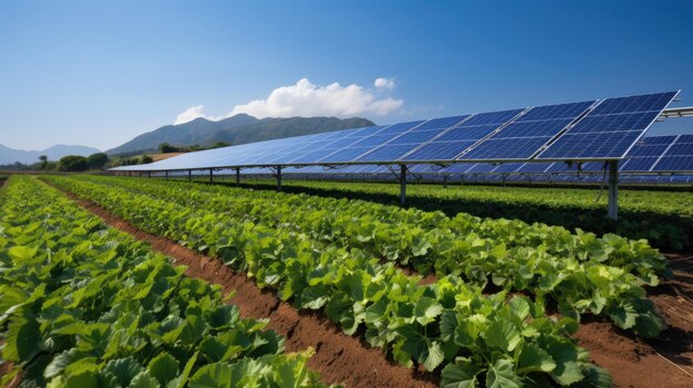 Foto campo de alface com fileiras de painéis solares instalados acima representando uma abordagem moderna para a agricultura sustentável e energia limpa