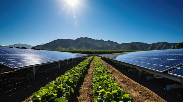 Foto campo de alface com fileiras de painéis solares instalados acima representando uma abordagem moderna para a agricultura sustentável e energia limpa