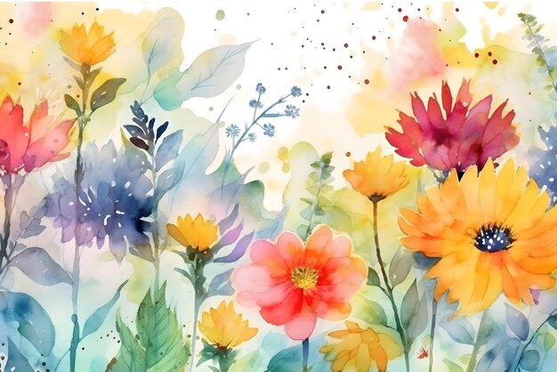 Campo de aquarela com flores de verão Generative AI