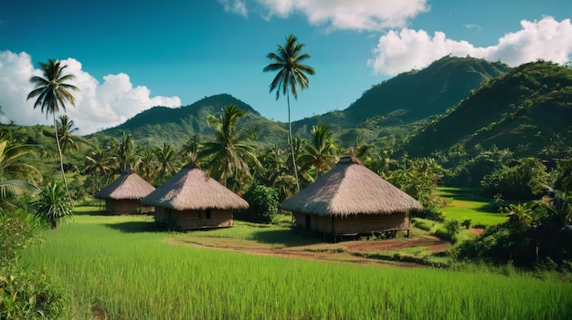 Campo de arroz com cabanas no meio