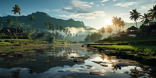 campo de arroz de visão matinal em bali indonésia