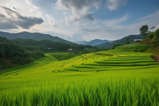 Campo de arroz em terraço verde em pa pong pieng mae chaem chiang mai tailandês