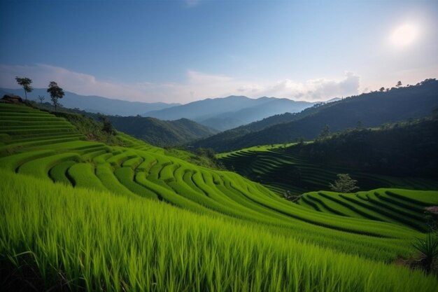 Campo de arroz em terraço verde em pa pong pieng mae chaem chiang mai tailandês