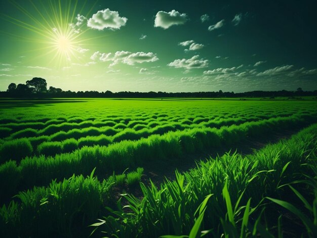 Campo de arroz verde com céu azul e raios de sol pela manhã