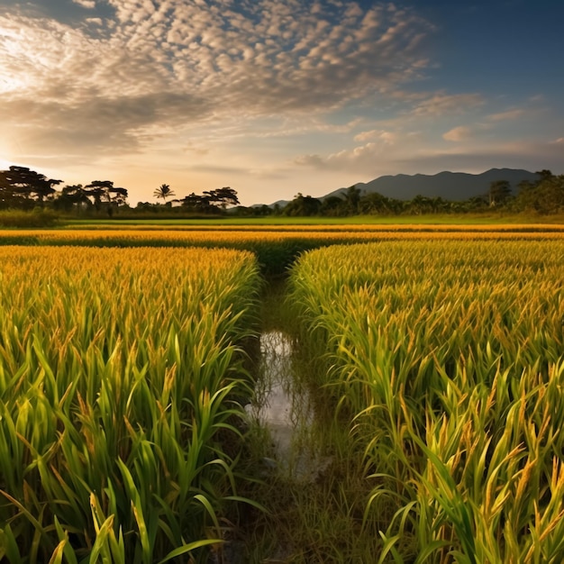 Campo de arroz verde e céu azul com fundo de natureza de luz solar