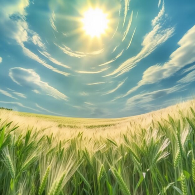 Campo de arroz verde e céu azul com fundo de natureza de luz solar