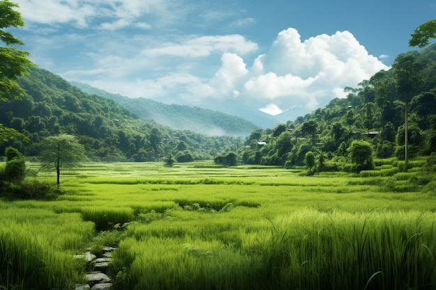 Campo de arroz verde e montanha ao fundo da foto