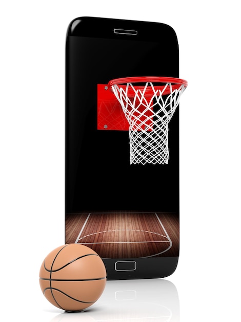 Campo de basquete com cesta e bola na tela de borda do smartphone isolada em branco