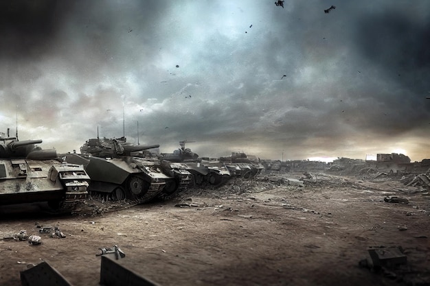 Campo de batalha com tanques quebrados da Segunda Guerra Mundial Poeira de equipamentos destruídos e pilhas de detritos