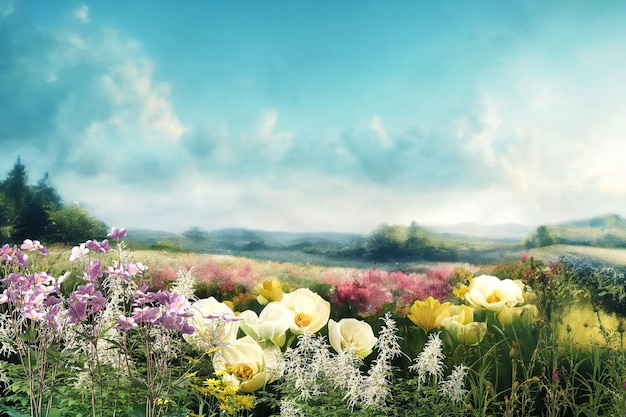 campo de bela paisagem selvagem, montanha de flores coloridas no horizonte azul céu nublado