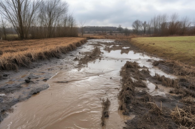 Campo de drenagem com água transbordando e derramando no riacho criado com ai generativa