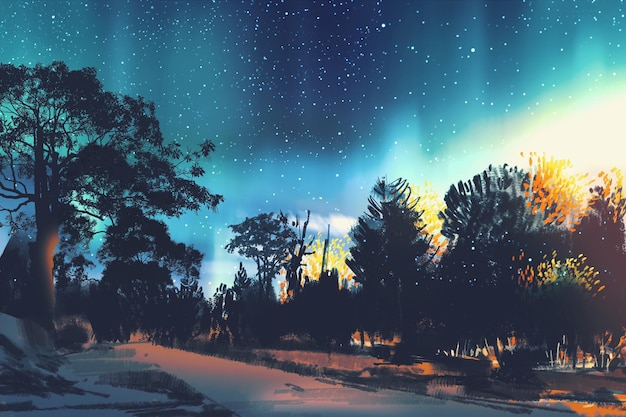 campo de estrelas acima das árvores na floresta, cenário noturno, ilustração