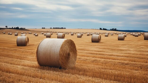 Foto campo de fardos de feno sob um céu nublado