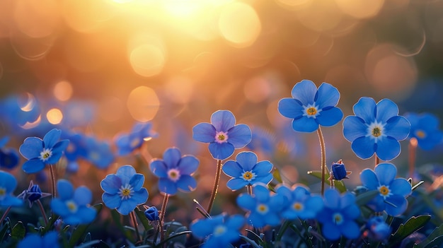 Campo de flores azuis com fundo de sol