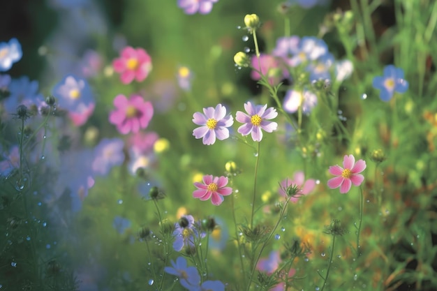 Campo de flores coloridas de cosmos florescendo na primavera na manhã Criado com tecnologia Generative AI