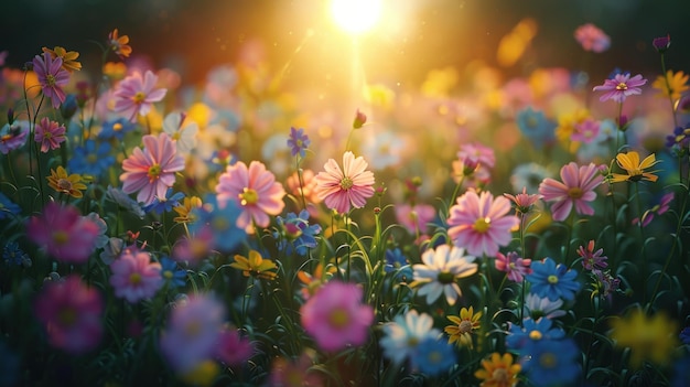 Campo de flores colorido com fundo de sol