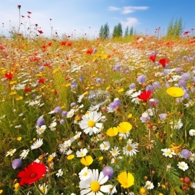 Campo de flores com céu azul ao fundo