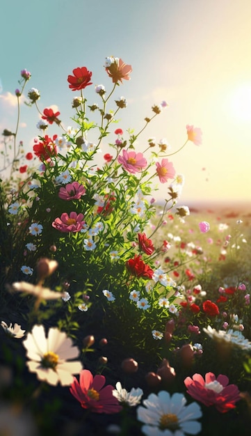 Campo de flores com o sol ao fundo ai generativo