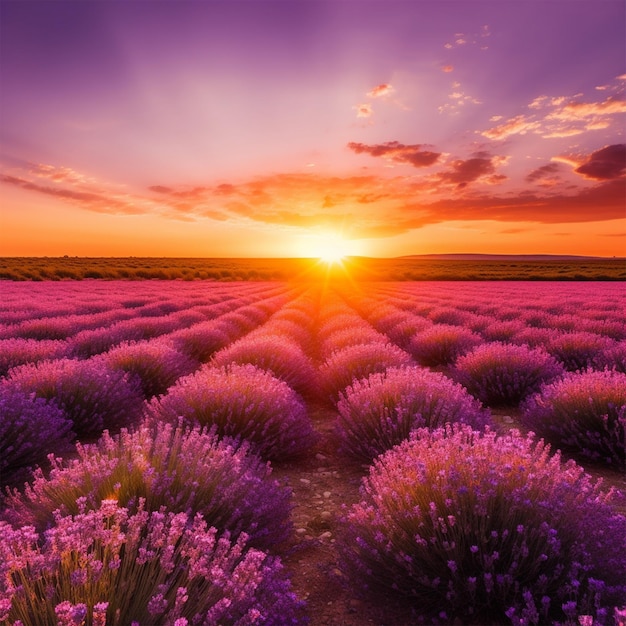 Campo de flores de lavanda com um pôr do sol