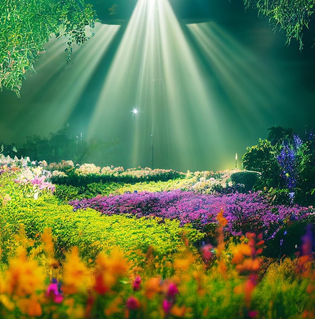 Campo de flores desabrochando em um jardim encantado com fundo de fantasia de luzes de fadas imagem de stock