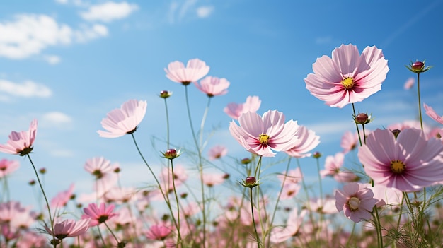 Campo de flores do Cosmos com fundo de céu brilhante IA generativa