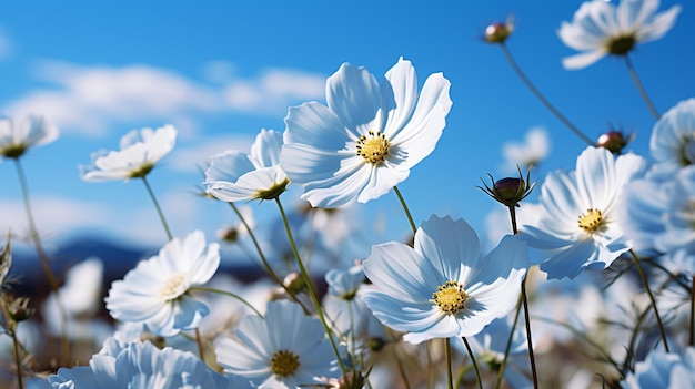 Campo de flores do cosmos com fundo de céu brilhante IA geradora