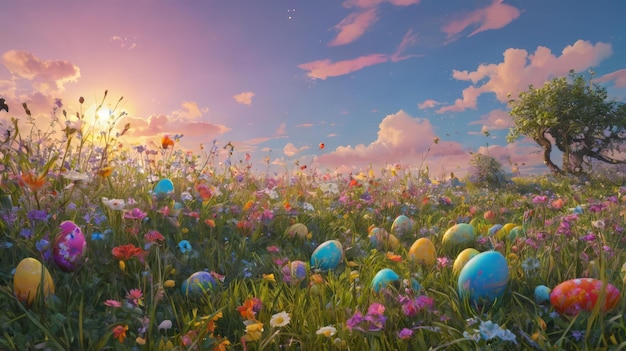 Campo de flores e ovos sob o céu nublado