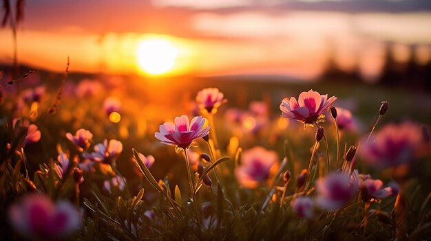 Foto campo de flores na luz da noite, sol pôr closeupgenerative ai