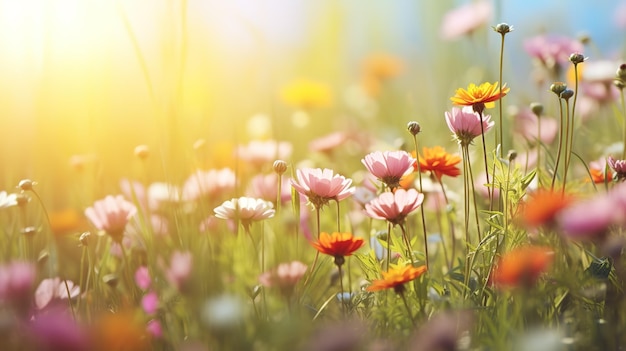 Foto campo de flores no jardim de verão à luz do sol