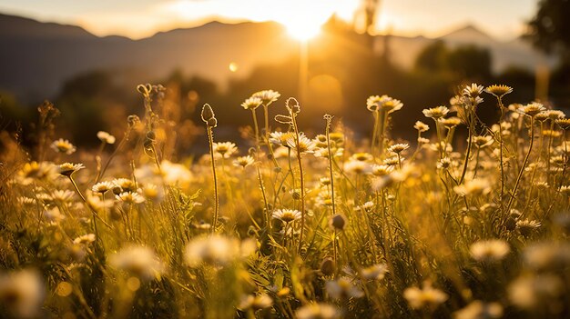 Campo de flores no pôr-do-sol Generative Ai