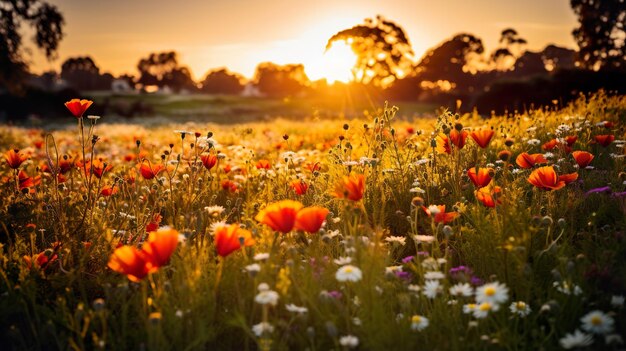 Campo de flores no pôr-do-sol Generative Ai