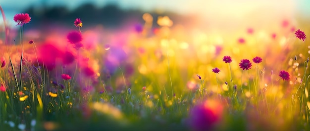 Foto campo de flores silvestres coloridas ao nascer do sol imagem aproximada ilustração gerada por ia