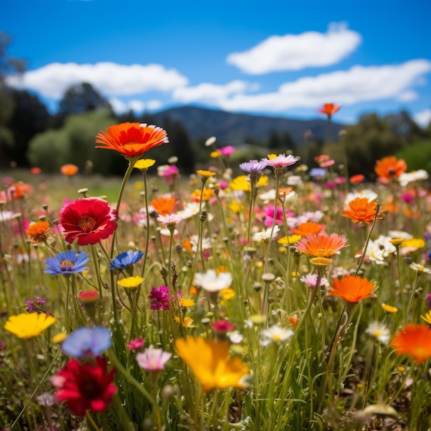 Foto campo de flores silvestres com uma montanha à distância