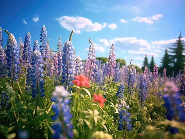 Campo de flores silvestres e sol do céu azul no verão