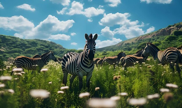 Foto campo de fotos coberto de vegetação cercado por zebras sob a luz do sol e um céu azul