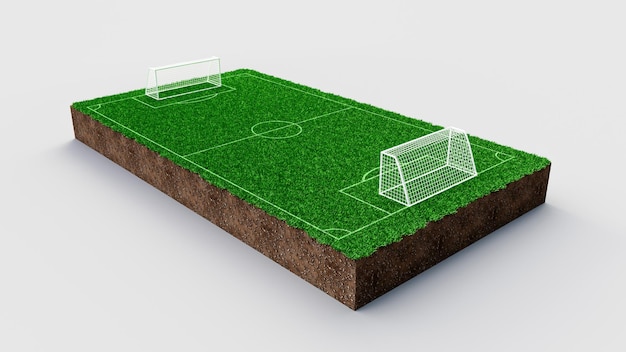 Foto campo de futebol de futebol e bola de futebol, grama verde, realista, fundo branco, ilustração 3d