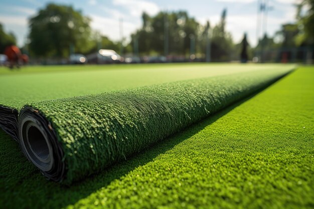 Campo de futebol de grama artificial com trabalhadores pavimentando o gramado falsificado em um gramado verde