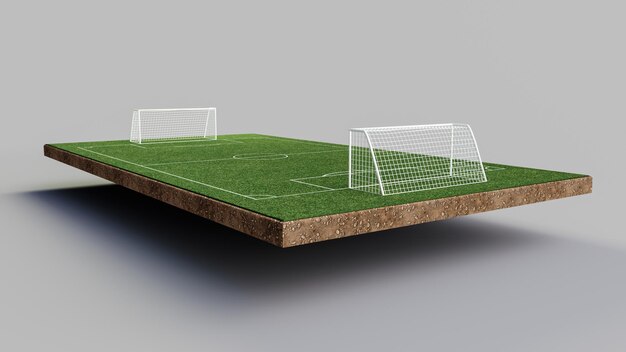 Foto campo de futebol e bola de futebal grama verde fundo branco realista ilustração 3d