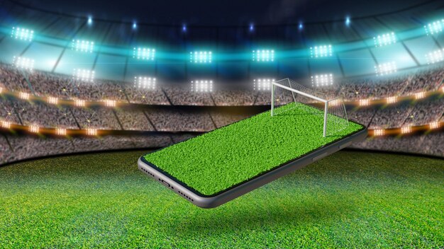 Campo de futebol na tela do smartphone. conceito online de futebol, renderização em 3d