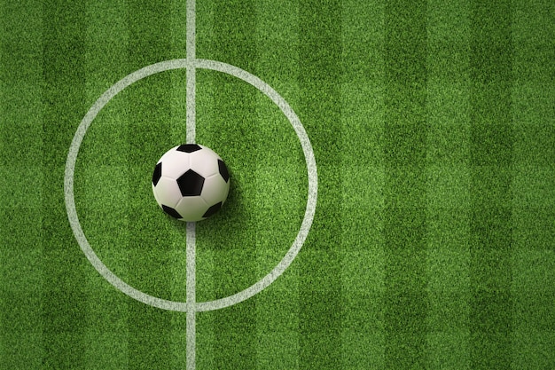 Campo de futebol ou campo de futebol com bola de futebol no fundo da grama verde