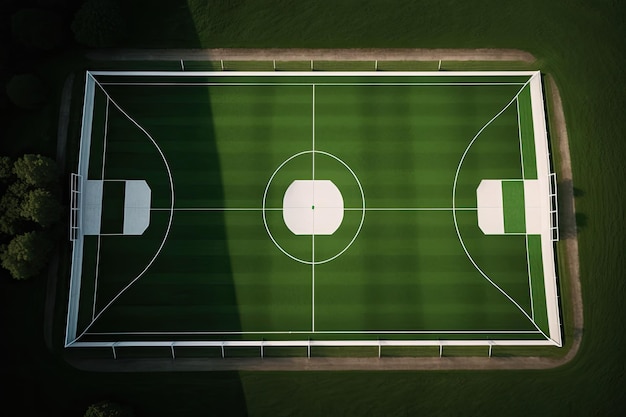 Campo de futebol verde com marcações brancas vista de cima para trás