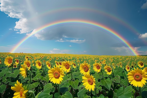 Campo de girassóis com um arco-íris no céu