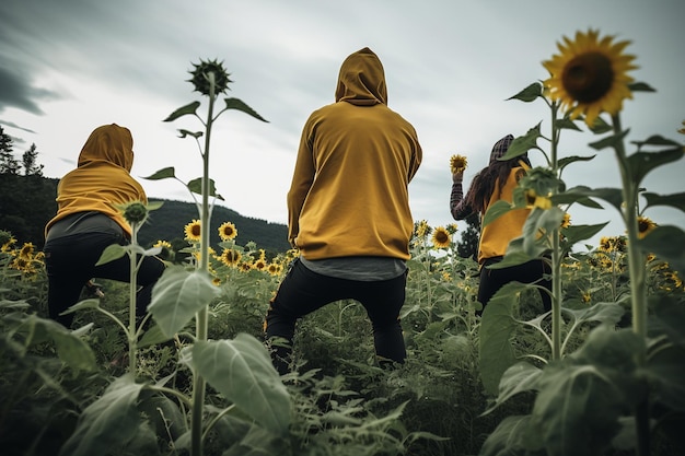 Campo de girassol com um grupo de pessoas fazendo ioga