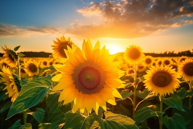 Campo de girassol de tirar o fôlego em plena floração