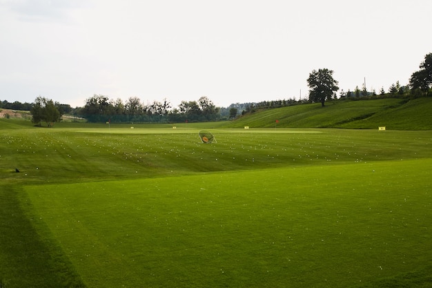 campo de golfe Campo de golfe Bela paisagem de um campo de golfe com árvores e grama verde